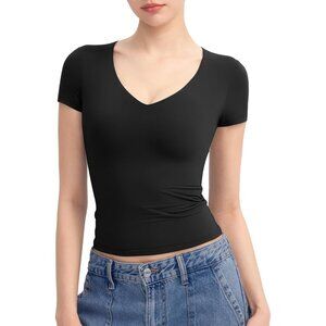 Women's Jet Black V Neck Short Sleeve T Shirts Slim Fit Sexy Basic Collection